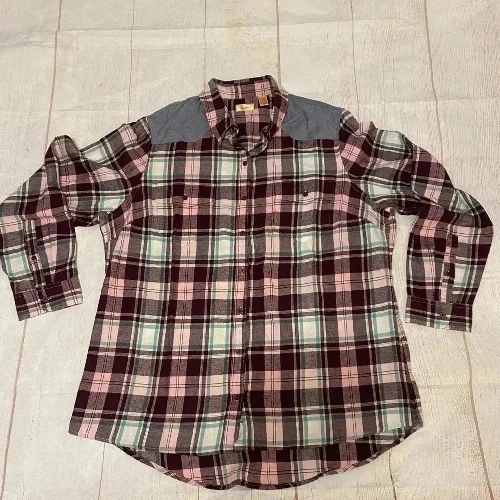 Northcrest Maroon Plaid Flannel Button-up Shirt Hi-Low Hem Front Pockets Size 1X